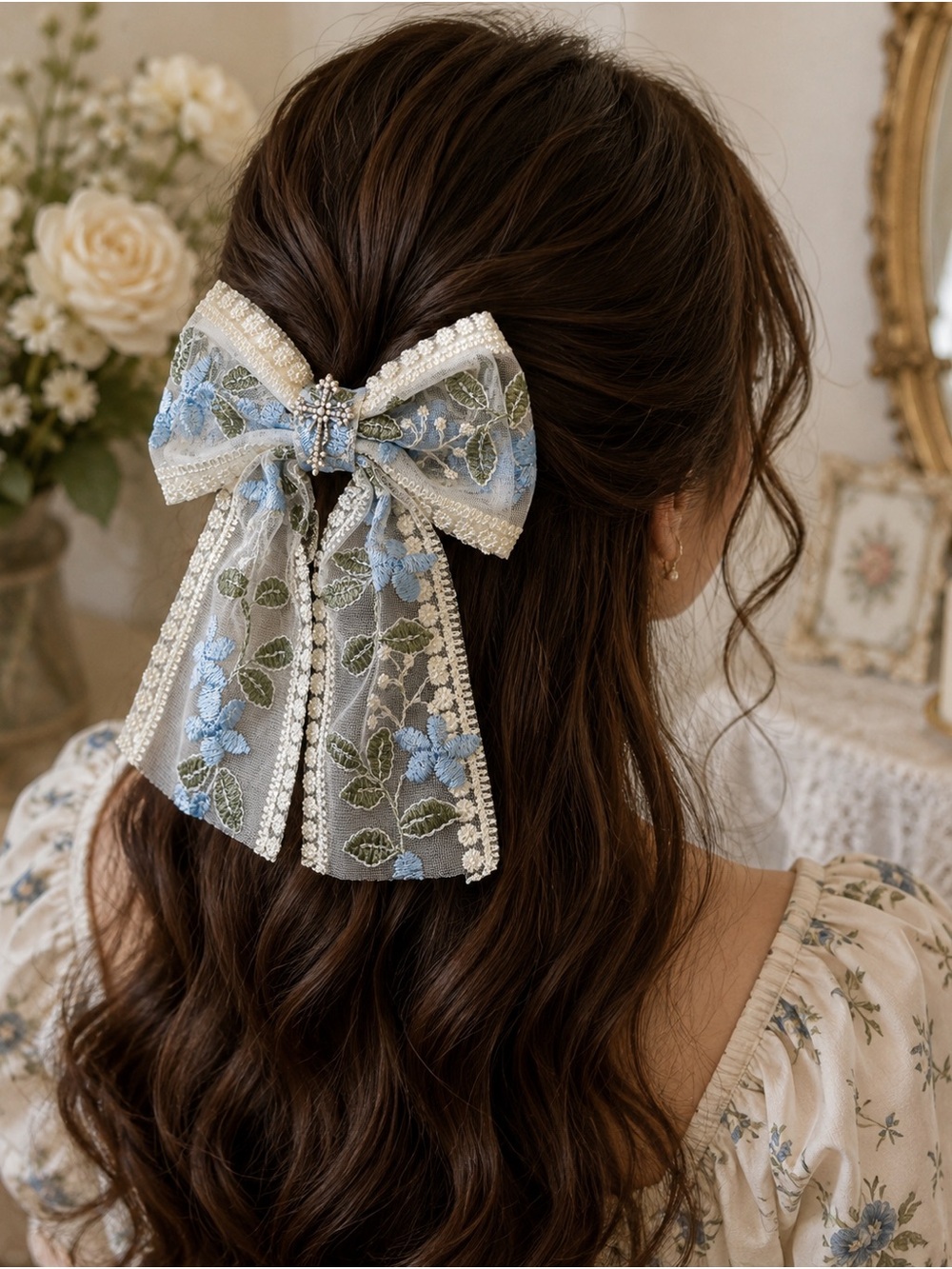 Romantic vintage Cottagecore blue floral lace cross hair bow